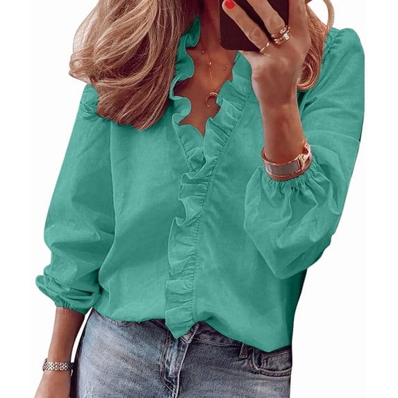 Katigan Womens Dressy Casual Blouse Business Long Sleeve Tops Ruffle V Neck Work Shirt Fall Outfit Long Sleeve - Green S