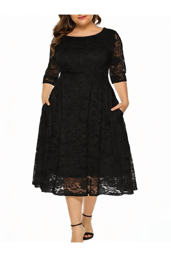 Womens Floral Lace Plus Size Midi Dress Scooped Neckline Cocktail Party Dresses Black XXXL