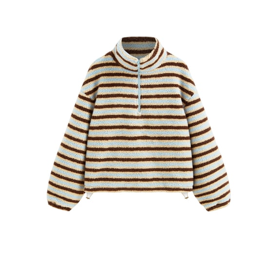 Katigan Womens Half Zip Fleece Striped Jacket Oversized Stand-Up Collar Sweatshirt Warm-Fuzzy Outerwear Blue XL