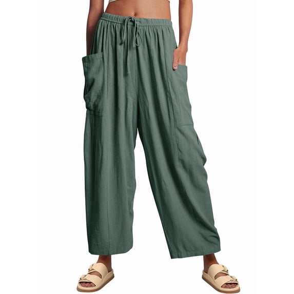 Katigan Womens High Waist Wide Leg Pants Loose Fit Casual Linen Blend Trousers Comfort Green XL