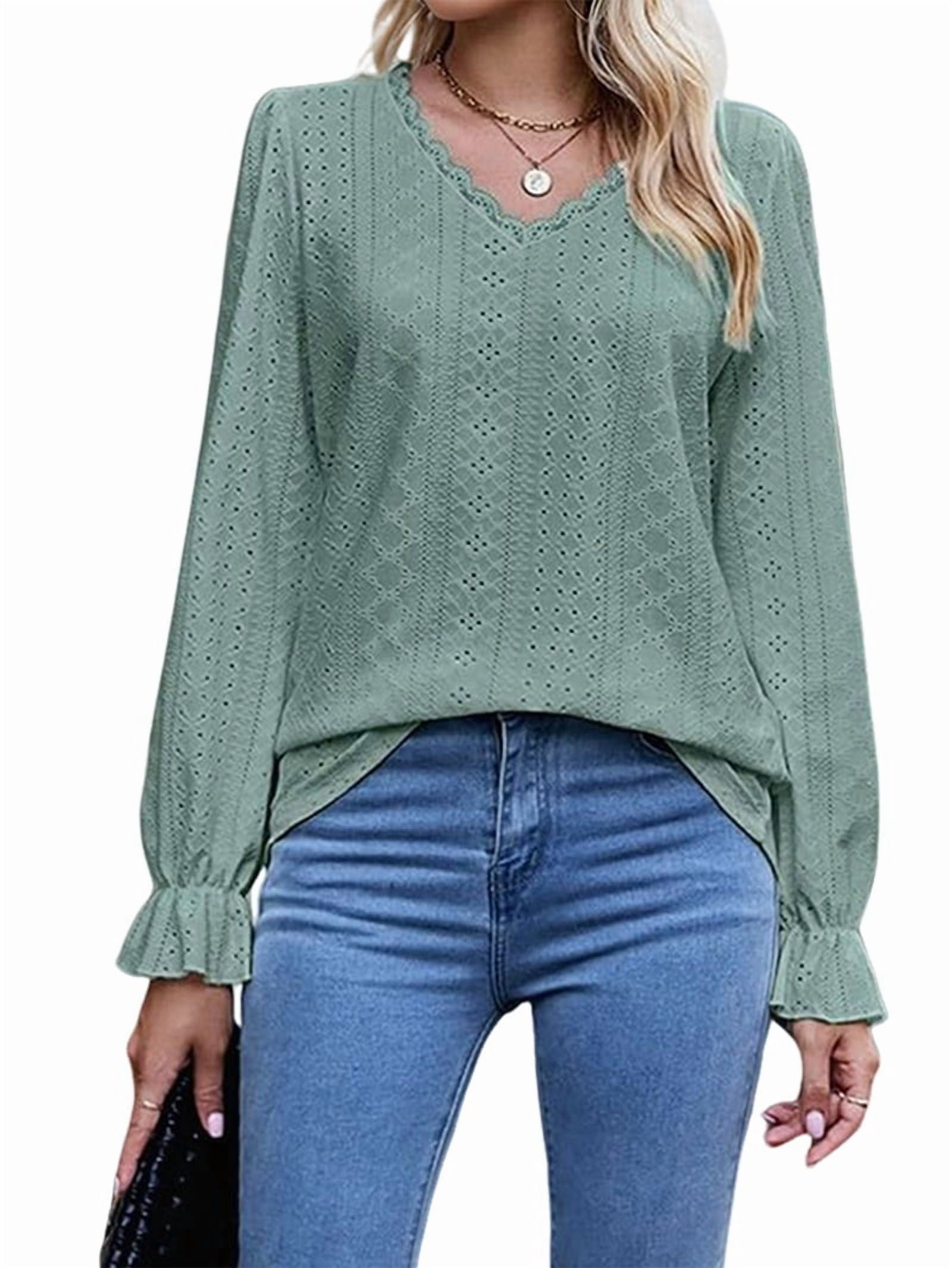 Katigan Womens Lace V Neck Puff Long Sleeve Eyelet Tops Dressy Business ...