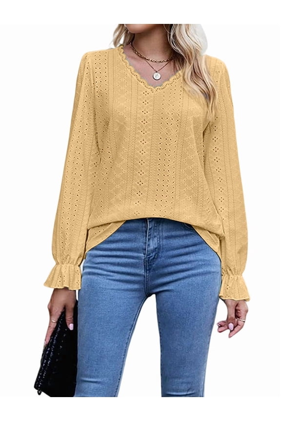 Womens Lace V Neck Puff Long Sleeve Eyelet Tops Dressy Business Casual Work Shirts Blouse Yellow M