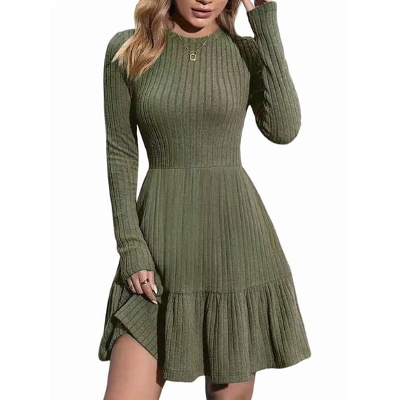 Katigan Womens Long Sleeve Fall Dresses with Flowy Casual Ribbed Knit Crew Neck Knee Length Sweater Dress Army Green M