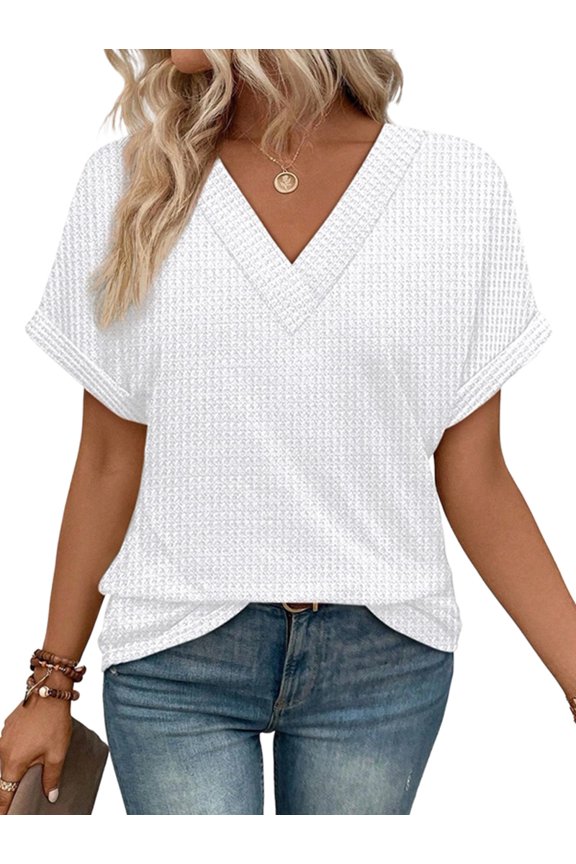 Womens Short Sleeve Sweater Waffle Knit Tops V Neck Spring Summer T Shirts Casual Blouses Outfits White L