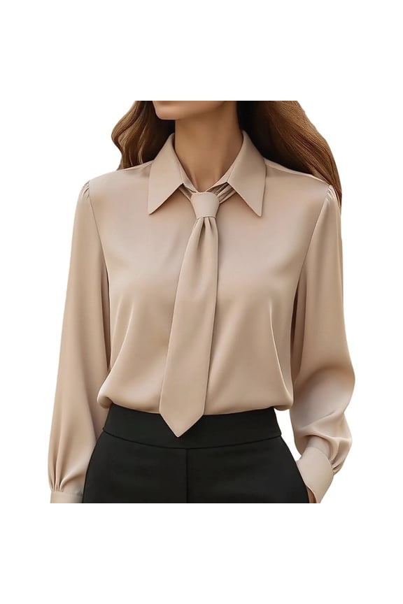 Womens Solid Color Casual Tie Long Sleeve French Shirt Elegant Office Blouse Khaki M