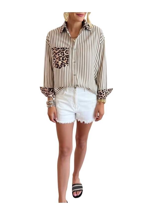 Womens Striped Button Down Shirts Casual Leopard Print Patchwork Long Sleeve Blouse with Pocket Khaki XL