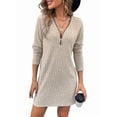 thumbnail image 1 of Katigan Womens Sweater Dress 1/4 Zip Ribbed Knit Texture Long Sleeve Casual Bodycon Fall Jumper Midi T-Shirt Dresses Khaki S, 1 of 5