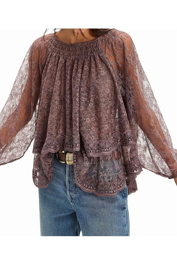 Womens Tie Off Shoulder Smocked Double Layer Lace Top Elegant Feminine Blouse Summer Chic Deep Purple S