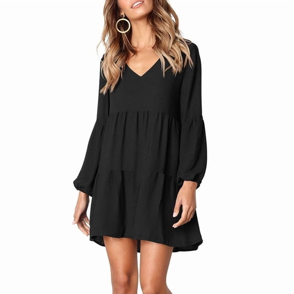 Katigan Womens Tunic Dress Long Sleeve V Neck Casual Loose Flowy Swing Shift Dresses Black XXXL