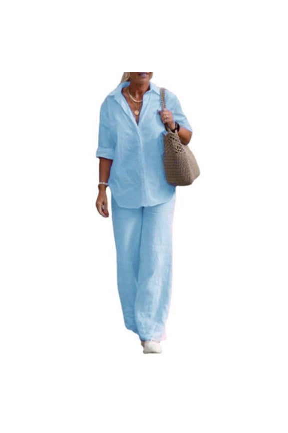 Womens Two Piece Set Long Sleeve Shirt Wide Leg Pants Casual Solid Color Spring Fall Outfit Light Blue XL