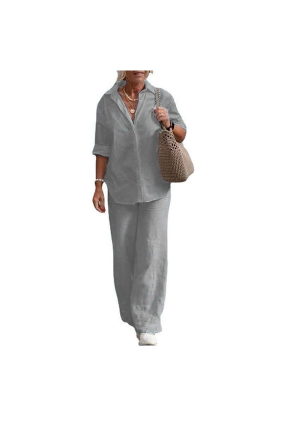 Womens Two Piece Set Long Sleeve Shirt Wide Leg Pants Casual Solid Color Spring Fall Outfit Light Gray L