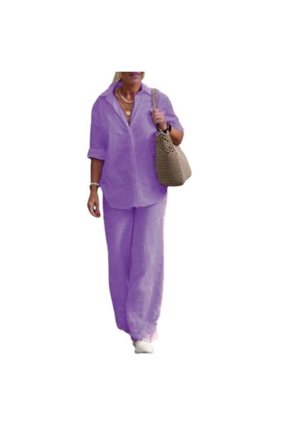 Womens Two Piece Set Long Sleeve Shirt Wide Leg Pants Casual Solid Color Spring Fall Outfit Purple XXL