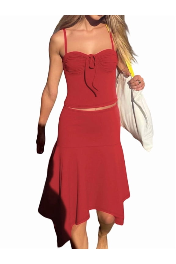 Womens Two-Piece Skirt Sets: Sleeveless Halter Top with Flowy Maxi Skirt for All Seasons Red S
