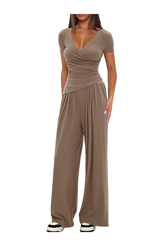 Womens V Neck Short Sleeve Top Wide Leg Pants Casual Comfortable Outfit Set Two Piece Khaki Color [Short Sleeve] L