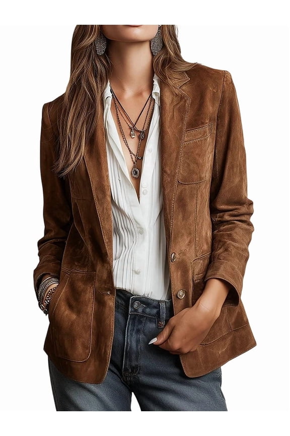 Womens Vintage Faux Suede Blazer Brown Long Sleeve Open Front Lapel Blazer Jackets with PocketsDark Brown M Dark Brown