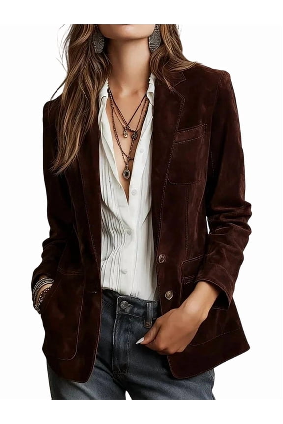 Womens Vintage Faux Suede Blazer Brown Long Sleeve Open Front Lapel Blazer Jackets with PocketsDeep Red S Deep Red