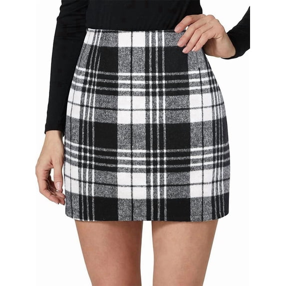 Katigan Womens Wool Plaid Mini Skirt Fall Winter High Waisted Bodycon Pencil Skirt Black & White. L Black & White