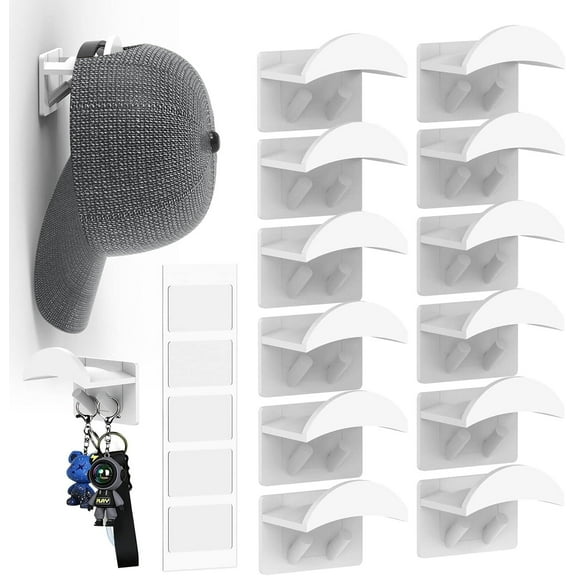 Katinyos 12 Pack Hat Rack for Wall, Hat Organizer with Strong Adhesive, Hat Hanger Display for Home Decor, Hat Hooks for Hats, Scarves, Bath Towel, Bags