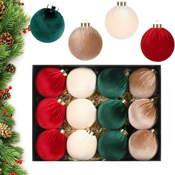 Katinyos 12pcs Velvet Christmas Balls Ornaments, 60MM Shatterproof Hanging Christmas Balls Decorations,Red Green