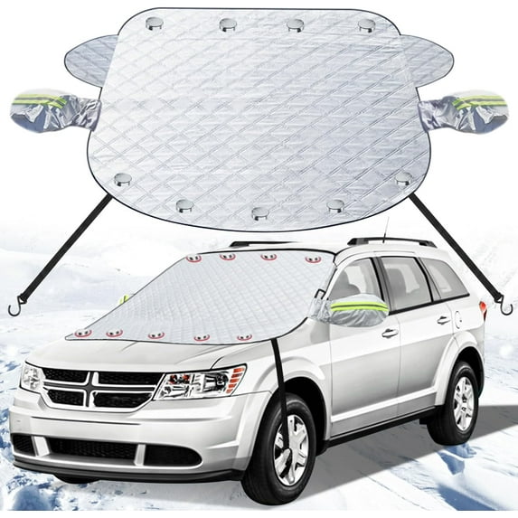Katinyos 5-Layer Car Windshield Cover for Ice and Snow, Magnetic Windshield Snow Cover with Rearview Mirror Protector & Heavy-duty Straps, Car Snow Cover for Most Vehicle