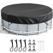 Katinyos 8 Ft Round Pool Cover, Heavy Duty Pool Cover Protector with Enhanced Ratchet Cord & Ground Nails, Pool Tarp UV & Tear Resistant for Above Ground Pools