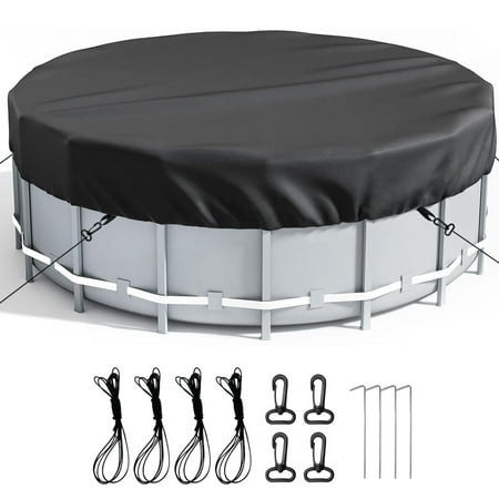 Katinyos 8 Ft Round Pool Cover, Heavy Duty Pool Cover Protector with Enhanced Ratchet Cord & Ground Nails, Pool Tarp UV & Tear Resistant for Above Ground Pools