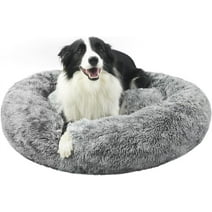 Katinyos Calming Dog Bed for Large Dogs, 36 inches Donut Dog Bed with Slip-Resistant Bottom, Machine Washable Pet Bed for Dogs & Cats, Fluffy Plush Faux Fur Dog Anxiety Bed Fits up to 100 lbs