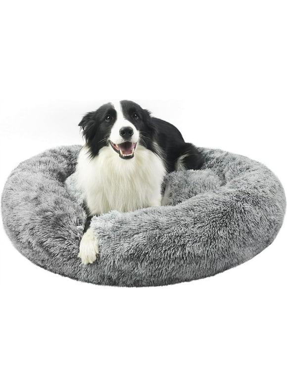 Katinyos Calming Dog Bed for Large Dogs, 36 inches Donut Dog Bed with Slip-Resistant Bottom, Machine Washable Pet Bed for Dogs & Cats, Fluffy Plush Faux Fur Dog Anxiety Bed Fits up to 100 lbs