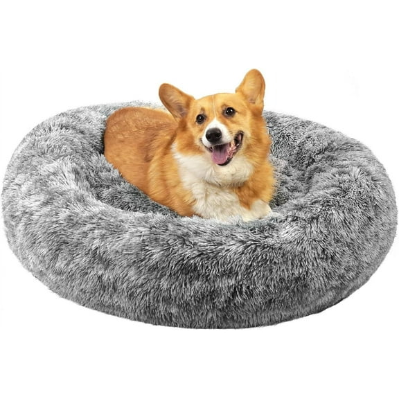 Katinyos Calming Dog Bed for Medium Dogs, 32 inches Donut Dog Bed with Slip-Resistant Bottom, Machine Washable Pet Bed for Dogs & Cats, Fluffy Plush Faux Fur Dog Anxiety Bed Fits up to 45 lbs