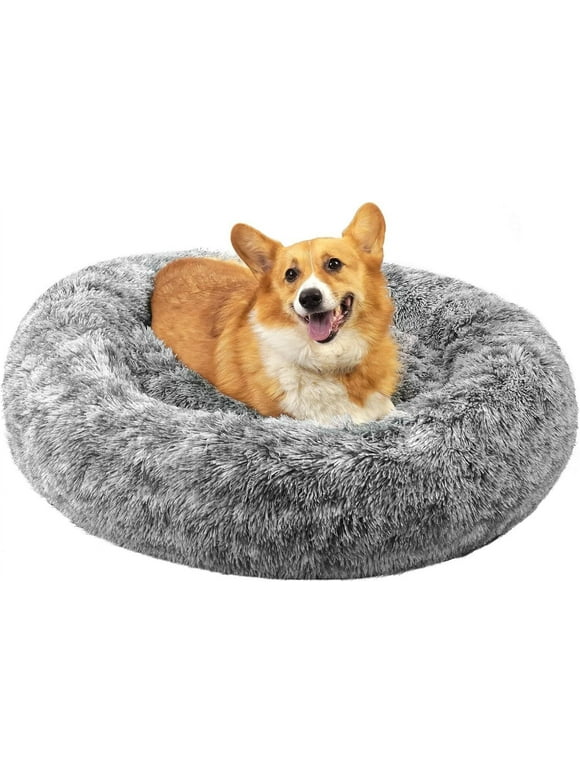 Katinyos Calming Dog Bed for Medium Dogs, 32 inches Donut Dog Bed with Slip-Resistant Bottom, Machine Washable Pet Bed for Dogs & Cats, Fluffy Plush Faux Fur Dog Anxiety Bed Fits up to 45 lbs
