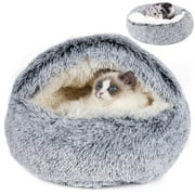 Katinyos Cat Bed & Dog Bed with Cover Cave, Machine Washable Cozy Cat Cave Bed, Pet Bed with Anti-Slip & Waterproof Bottom, Round Plush Fluffy Cat Condo for Improved Sleep-20inch