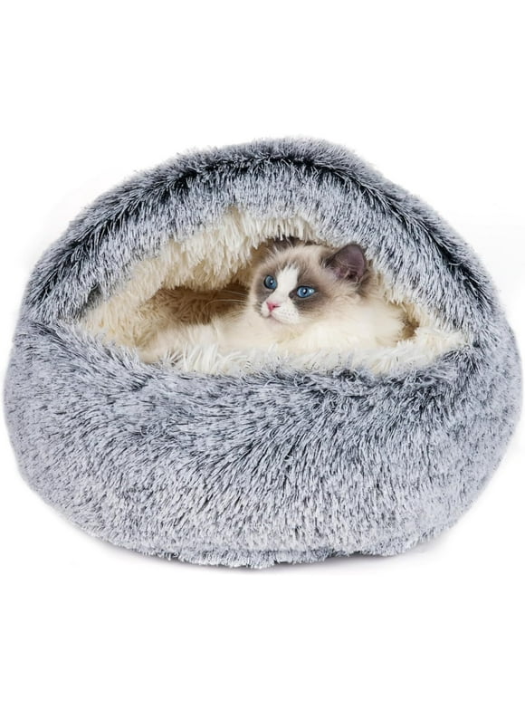 Katinyos Cat Bed & Dog Bed with Cover Cave, Machine Washable Cozy Cat Cave Bed, Pet Bed with Anti-Slip & Waterproof Bottom, Round Plush Fluffy Cat Cave Bed for Improved Sleep-16inch