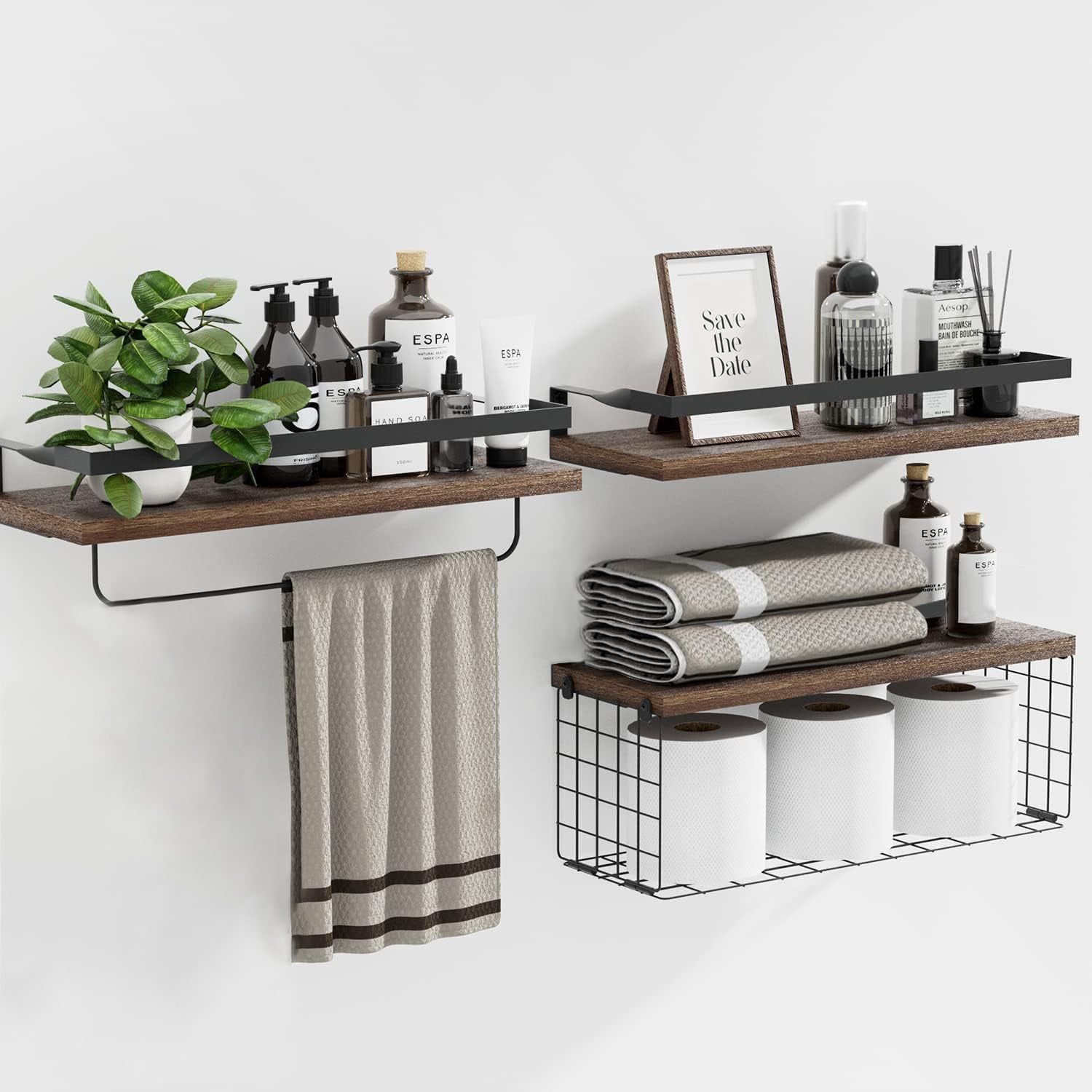 Katinyos Floating Shelves for Wall Set of 3, Wall Shelves with Wire