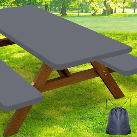 Katinyos Picnic Table Cover with Bench Covers, Picnic Table Cloths with Drawstring Bag, Stretch Washable Patio Table Cover for Picnic, Camping