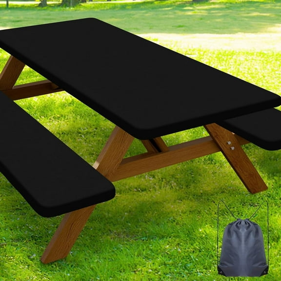 Katinyos Picnic Table Cover with Bench Covers, Picnic Table Cloths with Drawstring Bag, Stretch Washable Patio Table Cover for Picnic, Camping