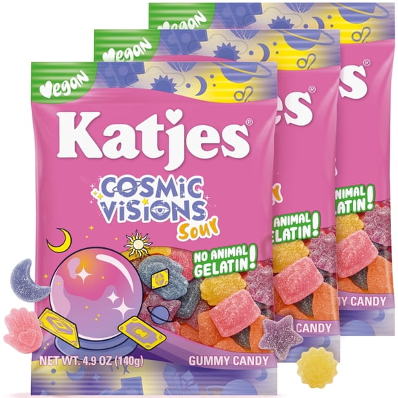 Katjes Cosmic Visions Sour Vegan Gummy Candy, Gelatin Free, 3 Pack