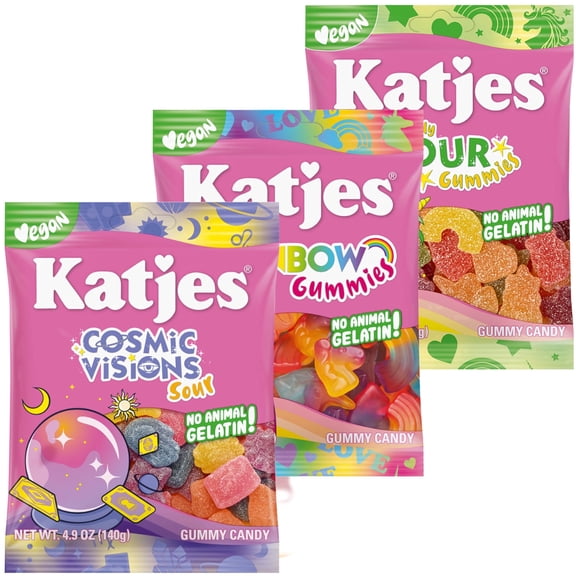 Katjes Vegan Gummy Candy Variety Pack, No Artificial Dyes, Gelatin Free, Sour, Rainbow, and Cosmic Visions 3 Pack