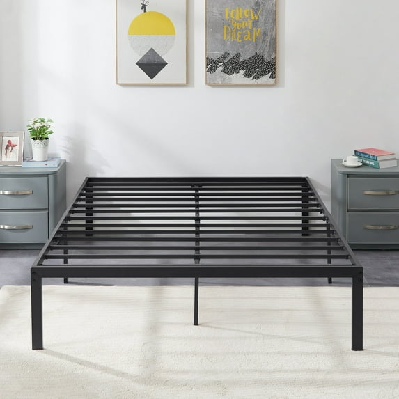 Katkuca 16" Queen Metal Platform Bed Frame, Strong Steel Slat Support, No Box Spring Needed, Easy Assembly, Black