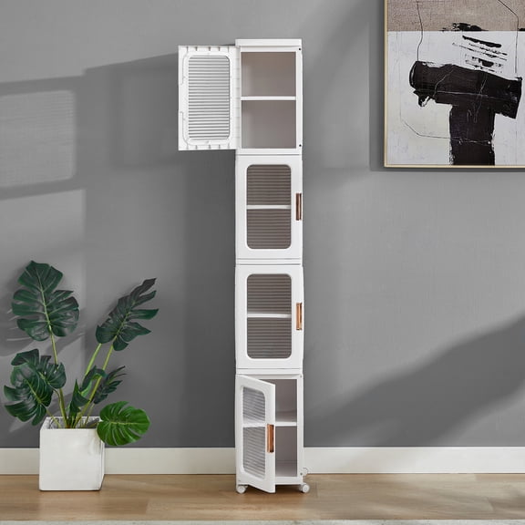 Katkuca 65" H Plastic Foldable Storage Cabinet, 4 Tier Stackable Kitchen Organizer Box with Wheels for Bathroom, Dining Room, Living Room, White