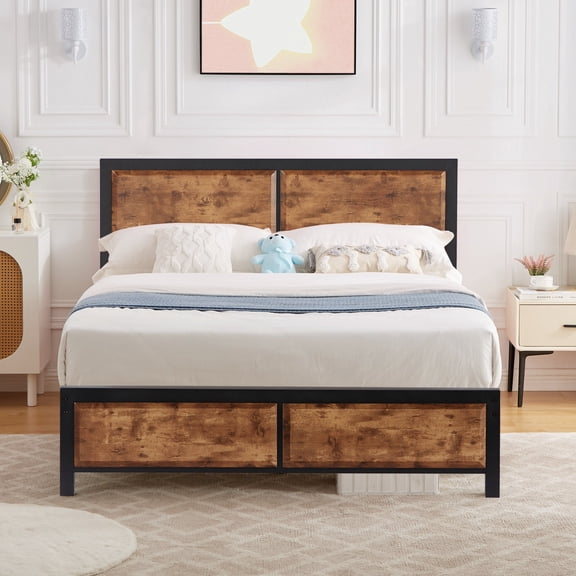 Katkuca Bed Frame Full Size With Wooden Headboard Heavy Duty Metal Platform,Brown