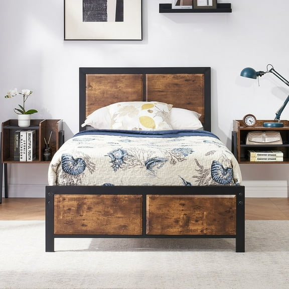 Katkuca Bed Frame Twin Size With Wooden Headboard Heavy Duty Metal Platform,Brown