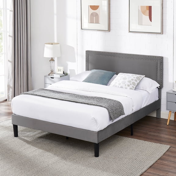 Katkuca Full Bed Frame, Upholstered Queen Size Platform Bed Frame with Adjustable Headboard, Strong Wood Slat Support, No Box Spring Needed, Dark Gray