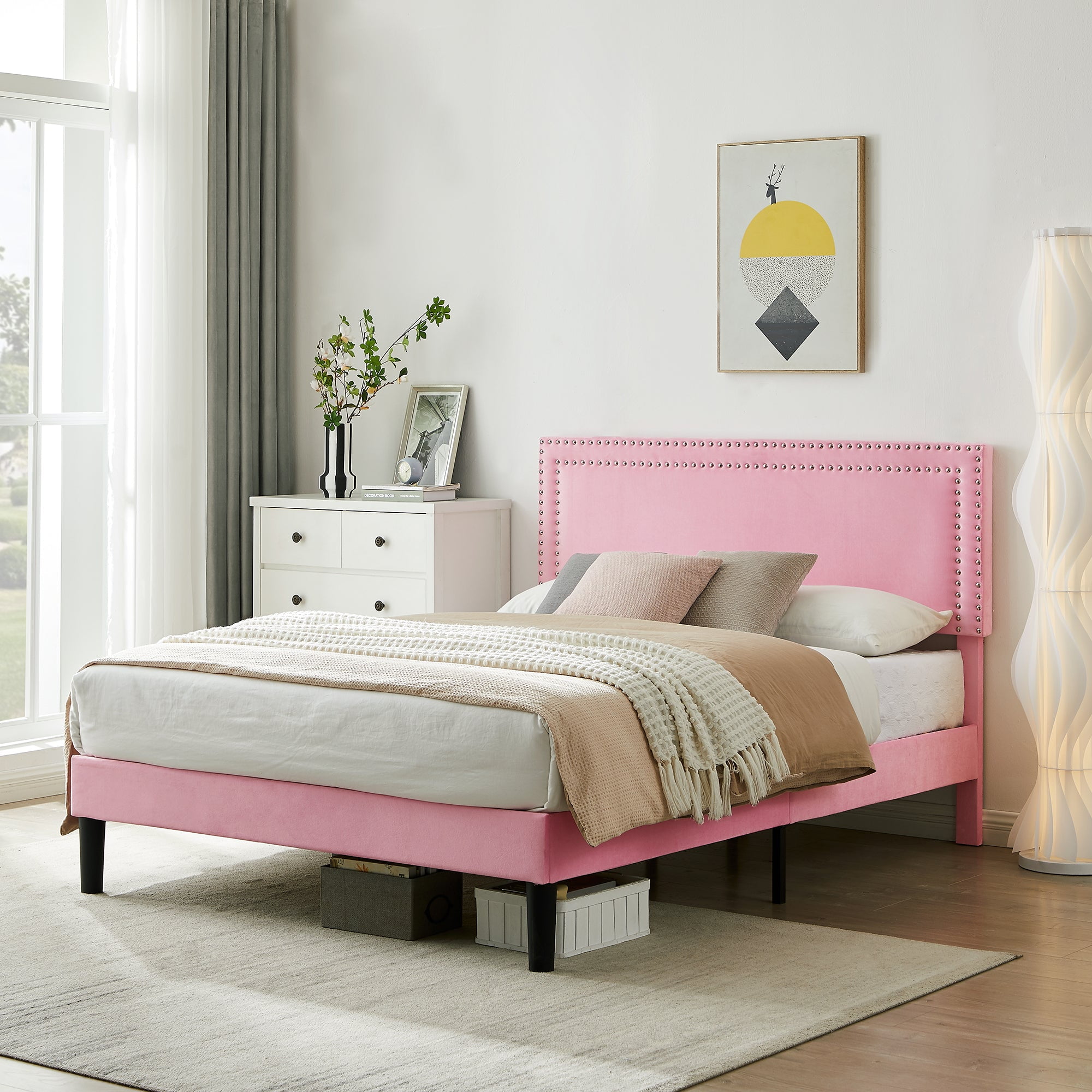 Katkuca Full Bed Frame, Upholstered Queen Size Platform Bed Frame with Adjustable Headboard, Strong Wood Slat Support, No Box Spring Needed, Pink