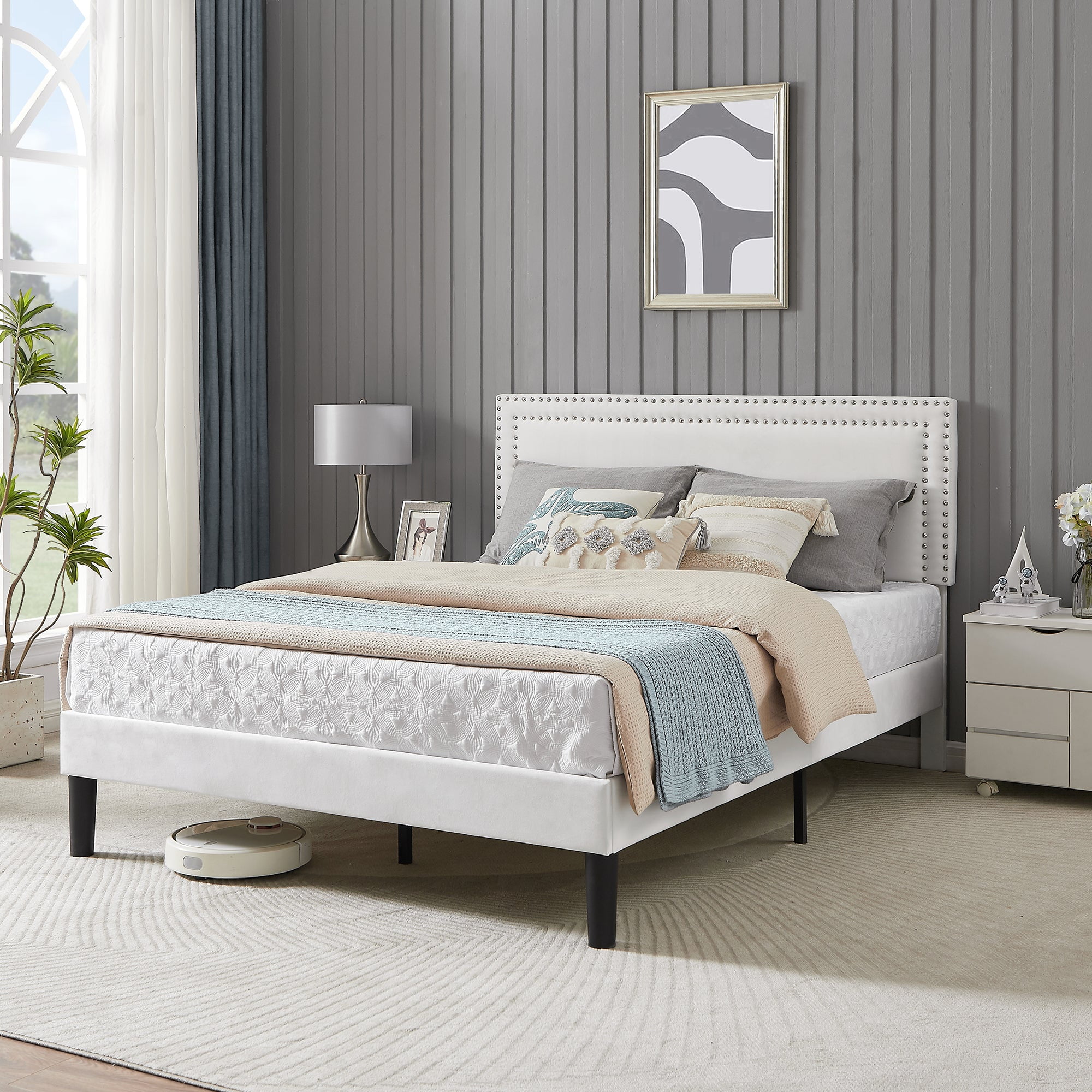 Katkuca Full Bed Frame, Upholstered Queen Size Platform Bed Frame with Adjustable Headboard, Strong Wood Slat Support, No Box Spring Needed, White