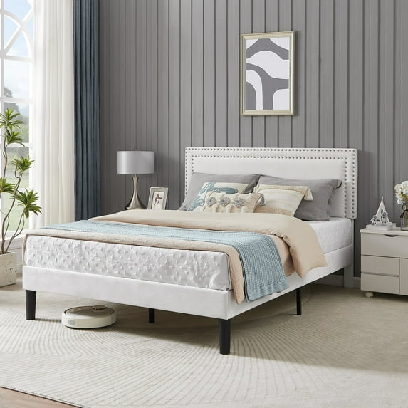 Katkuca Full Bed Frame, Upholstered Queen Size Platform Bed Frame with Adjustable Headboard, Strong Wood Slat Support, No Box Spring Needed, White