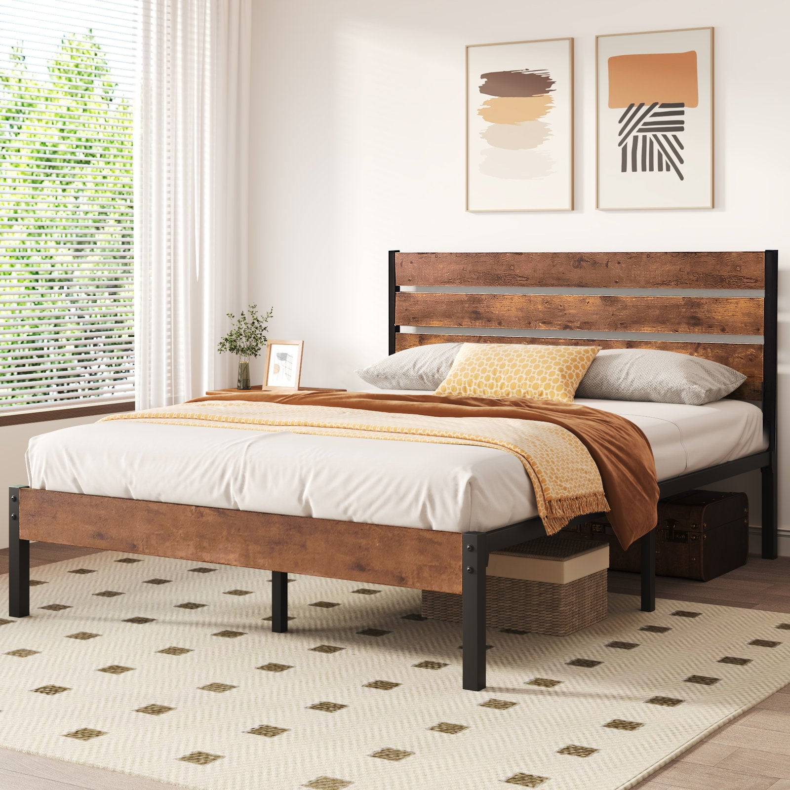 Katkuca Full Size Metal Bed Frame, Industrial Platform Bed with Wood Headboard and Footboard, Heavy-Duty Metal Mattress Foundation, Easy Assembly, No Box Spring Needed, Rustic Brown