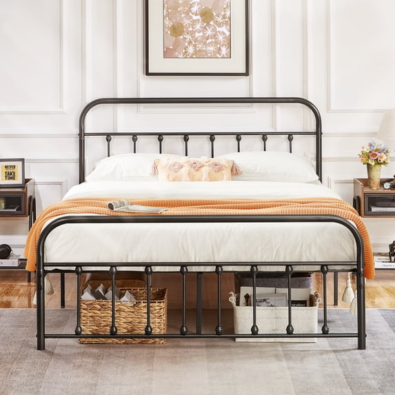 Katkuca Metal Bed Frame with Headboard & Footboard, Steel Slat Support Mattress Foundation, Queen Size, Black