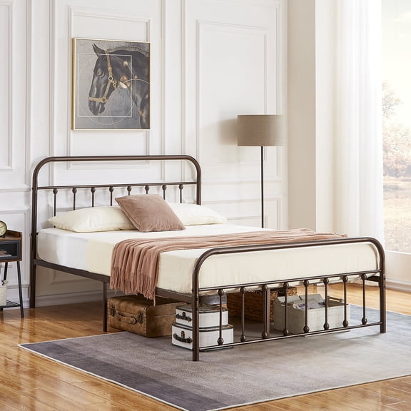 Katkuca Metal Bed Frame with Headboard & Footboard, Steel Slat Support Mattress Foundation, Queen Size, Purple Bronze