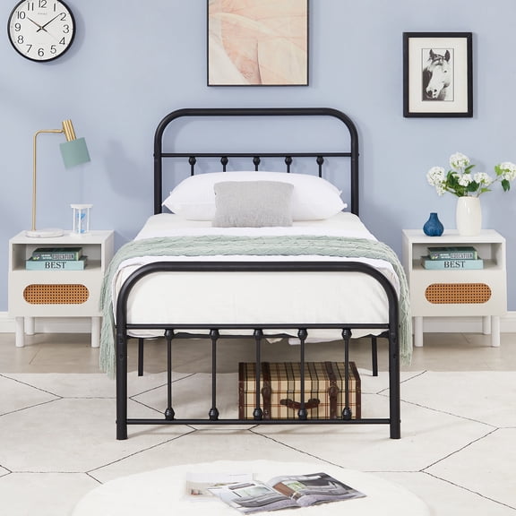 Katkuca Metal Bed Frame with Headboard & Footboard, Steel Slat Support Mattress Foundation, Twin Size, Black