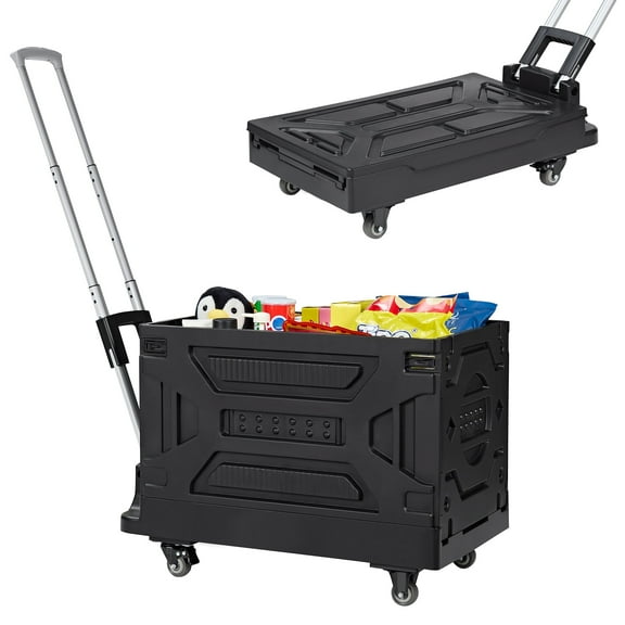 Katkuca Mobile Folding Cart With Lid, Portable Rolling Crate Handcart with Telescoping Handle, Black